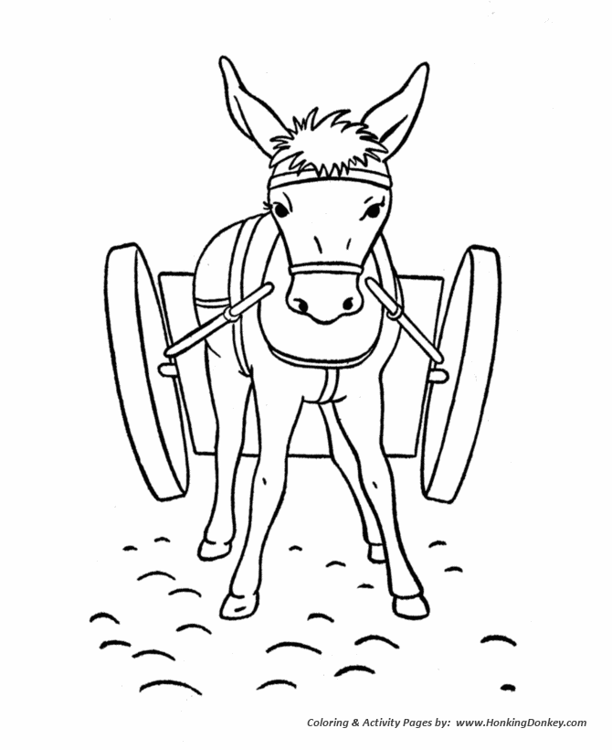 Farm Animal Coloring Pages | Donkey with a cart Coloring Page and 