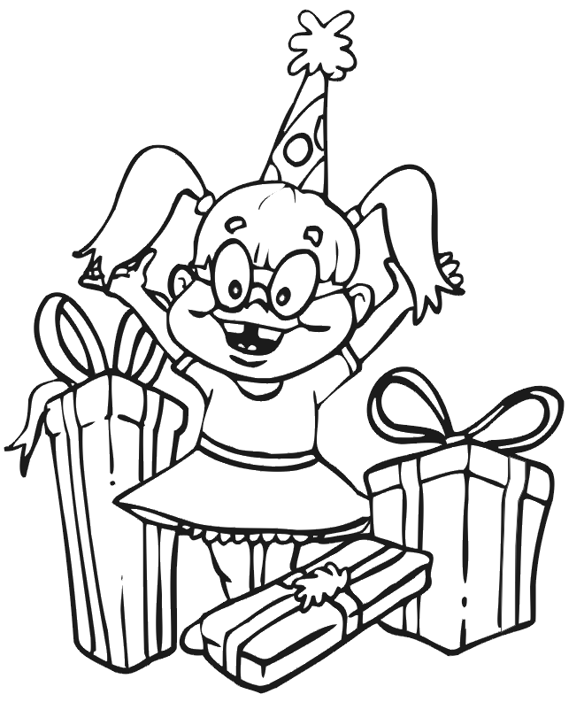 Birthday Coloring Page | A Happy Girl With Lots of Presents