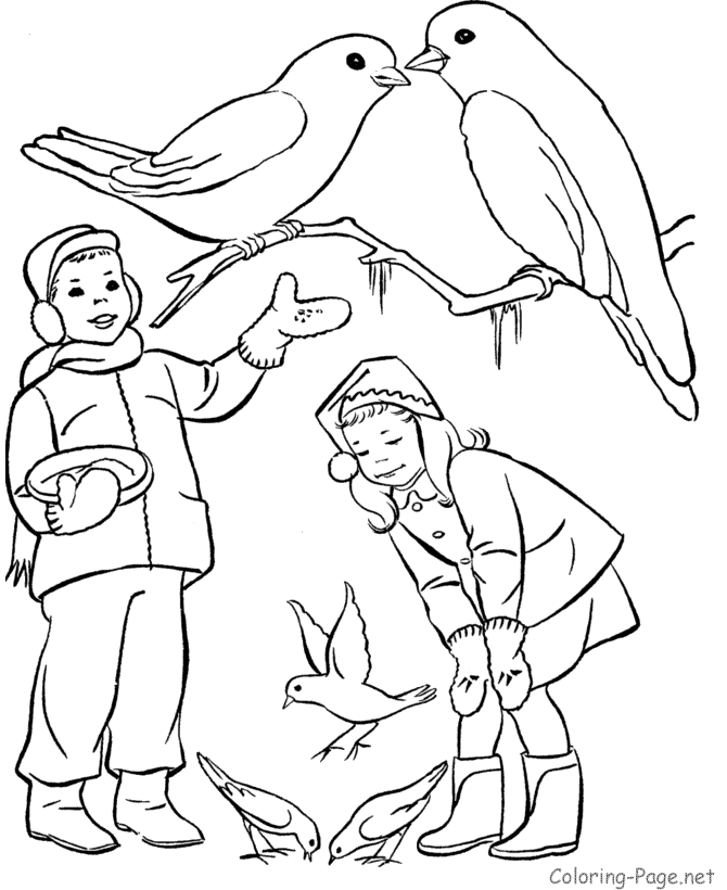 Winter Coloring Book Page - Feeding the birds