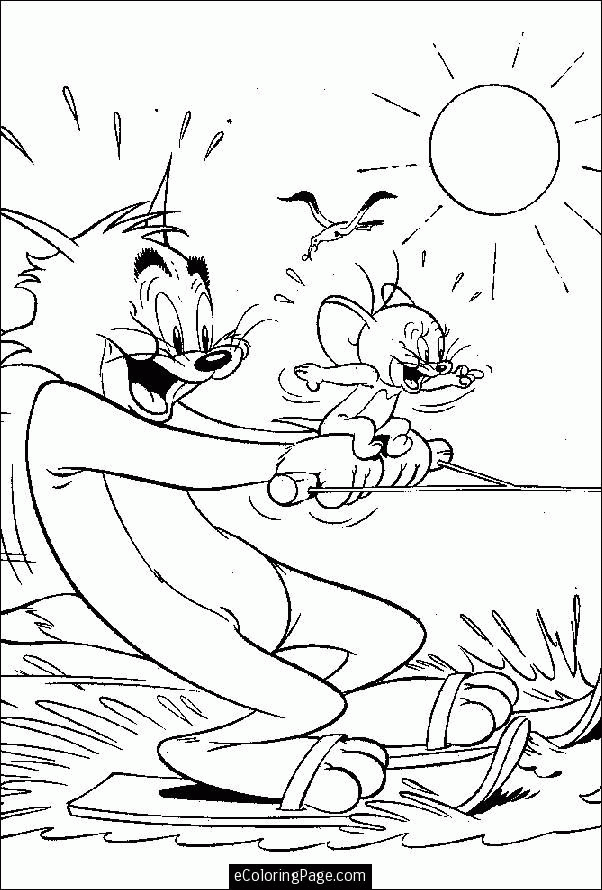 Tom and Jerry Go Water Skiing Coloring Page Printable for Kids 