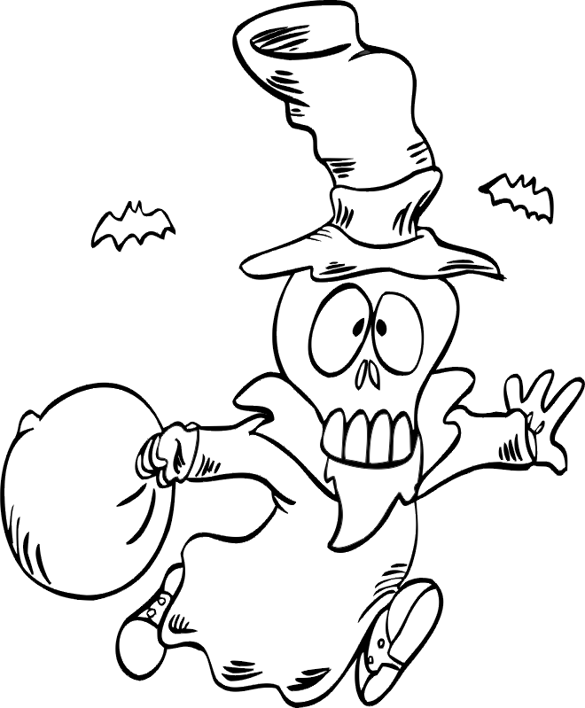 skeleton coloring page trick or treater