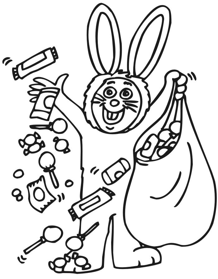 halloween coloring page of kid in bunny costume