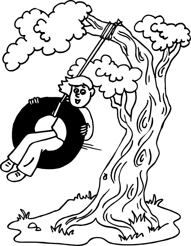 Summer Coloring Page | Kid On Tire Swing