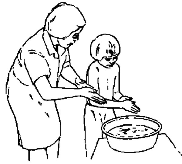 Mother Teach Her Kid How To Washing Hand Coloring Pages : Coloring Sun