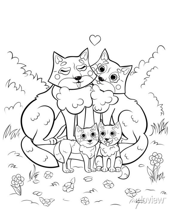 Coloring page outline of cute cartoon wolf family with little • wall  stickers vector, art, drawing | myloview.com