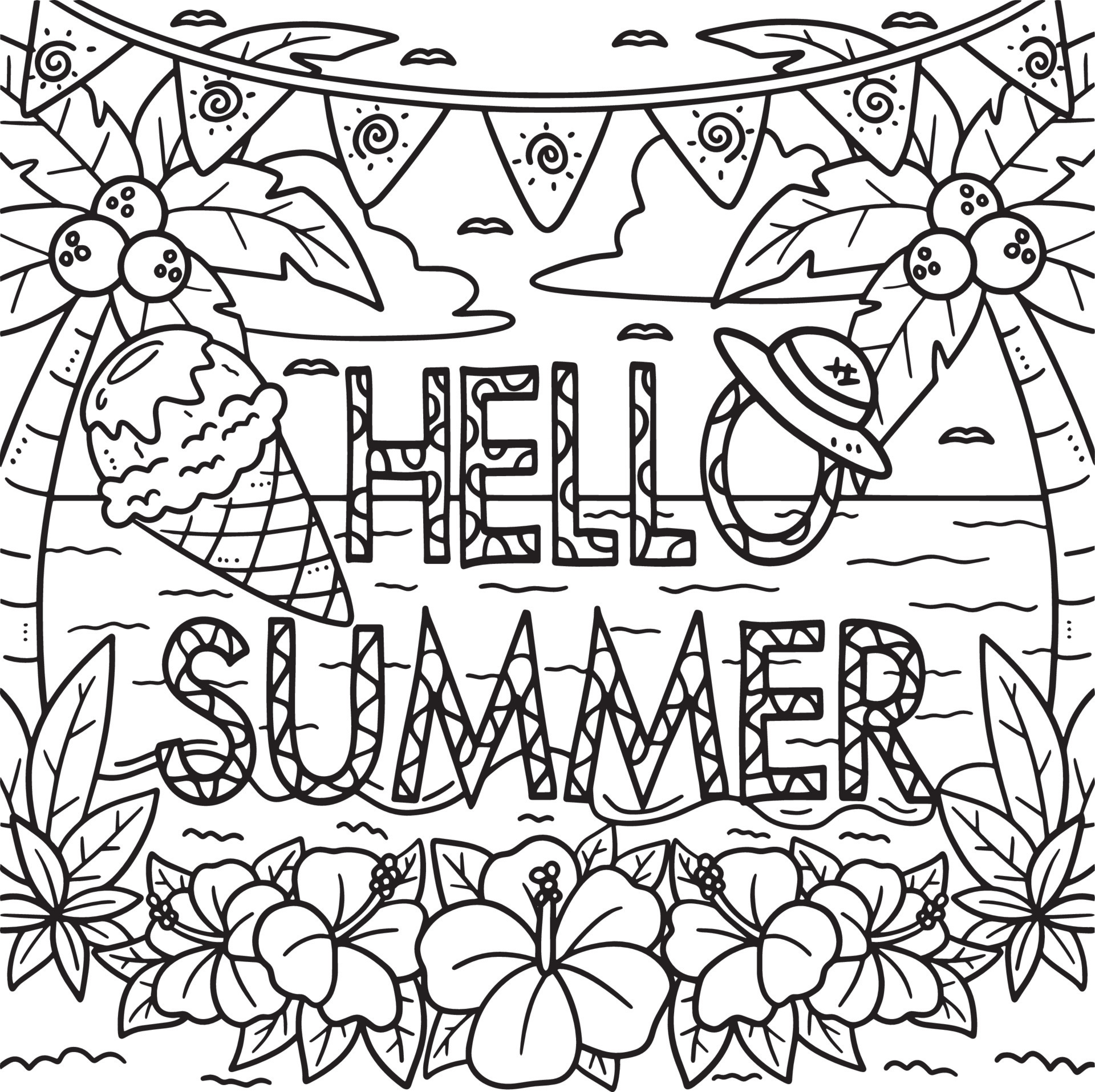 Hello Summer Coloring Page for Kids 20119222 Vector Art at Vecteezy