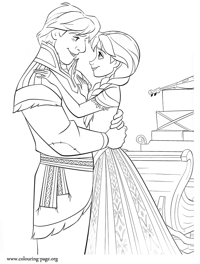 Frozen - Anna and Kristoff hugging each other coloring page
