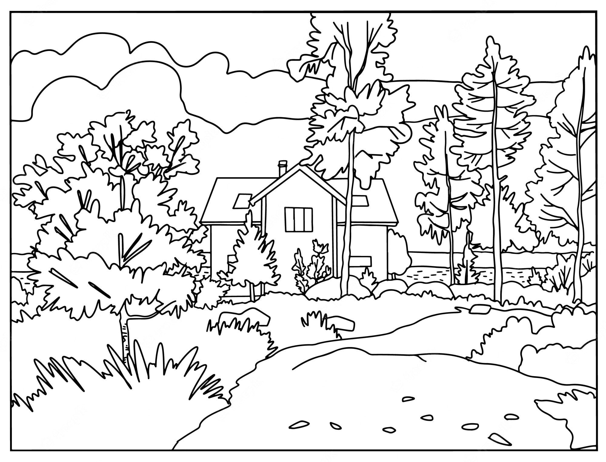 Premium Vector | Coloring book lovely landscape farmhouse in the forest  vector art line background