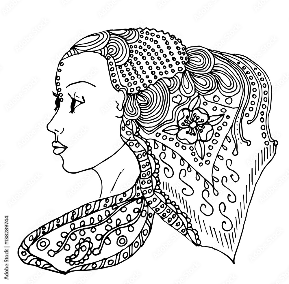 Vector young pretty girl with doodle hairs. Woman's face in profile. Can be  used as adult coloring book, coloring pages, card, invitation. Stock Vector  | Adobe Stock