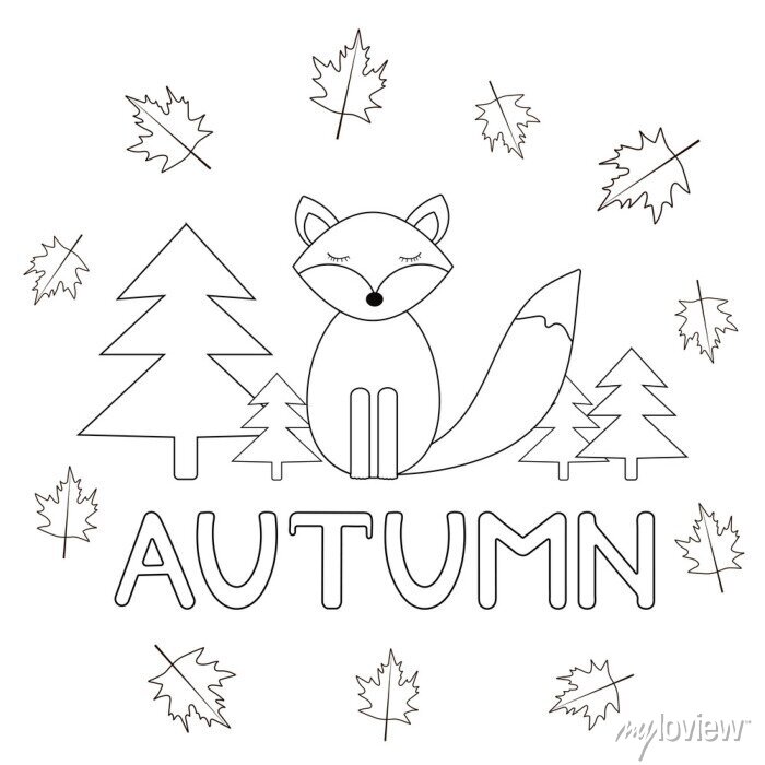 Autumn coloring page with cute fox. • wall stickers leaf, fox, sheet |  myloview.com