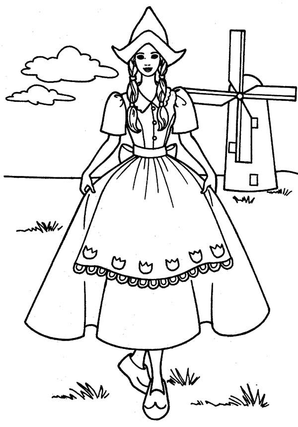 Dutch Girl Standing in Front of Windmills Coloring Pages : Batch ...