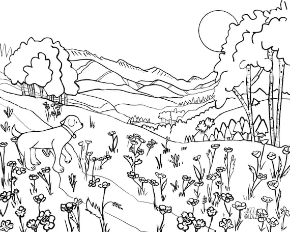Dog Hiking Nature Coloring Page Printable Illustration of - Etsy