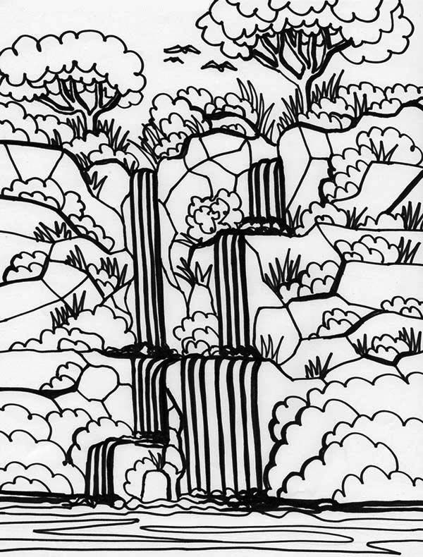Rainforest, : Rainforest and Waterfalls Coloring Page ...