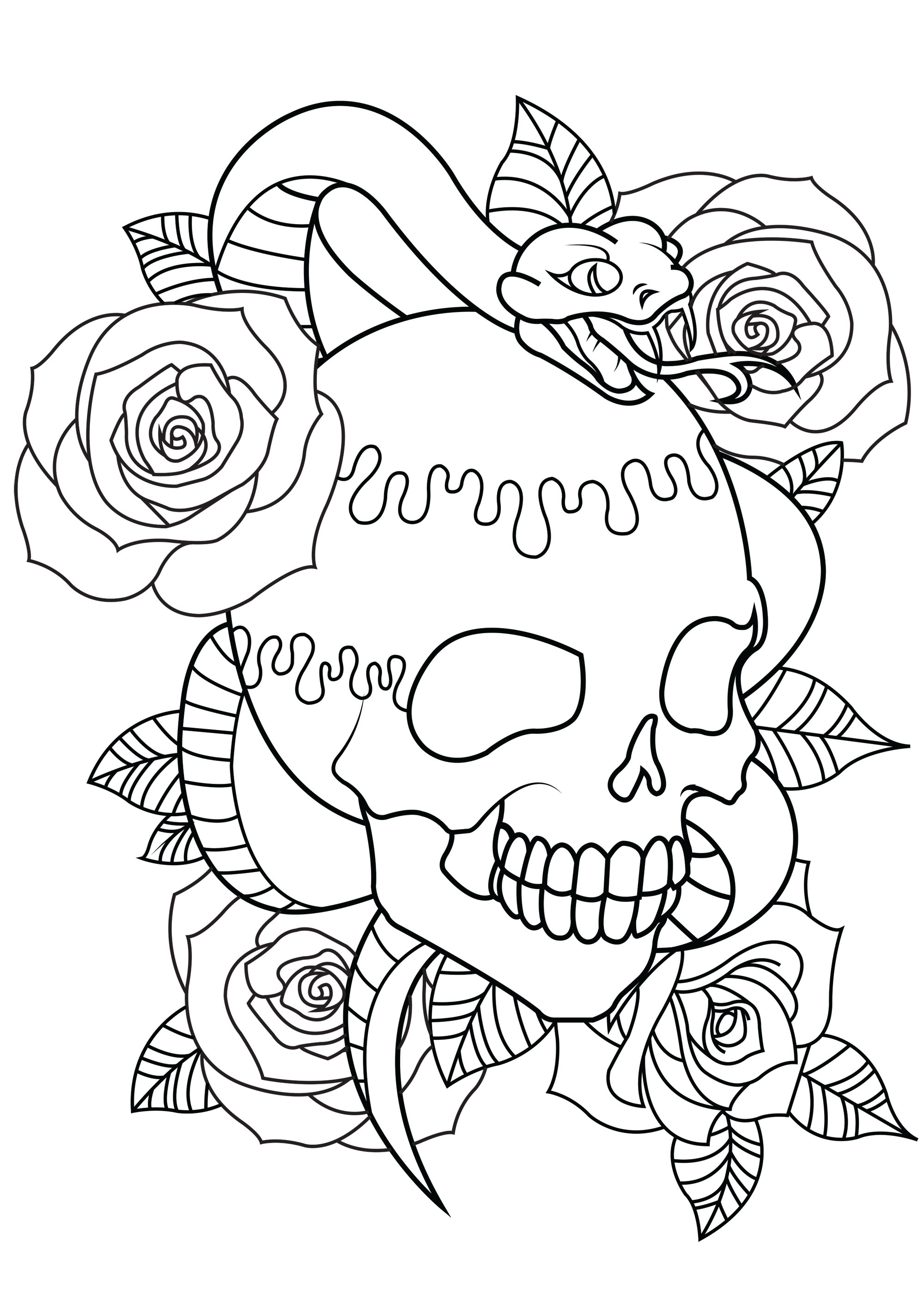 Tattoo with skull, snake and roses - Tattoos Adult Coloring ...