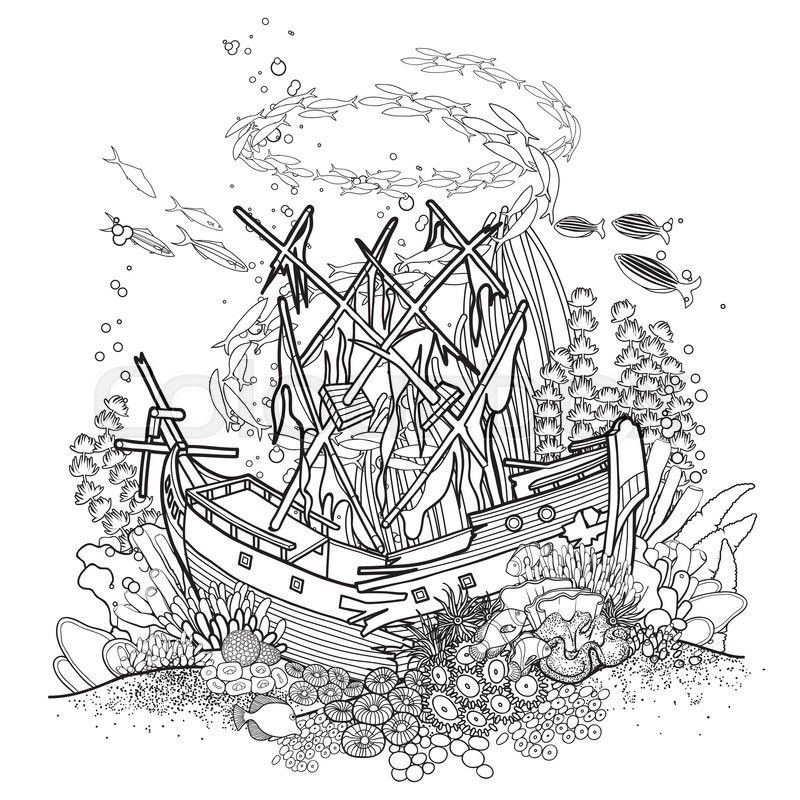 Ancient sunken ship and coral reef drawn in line art style. Ocean ...