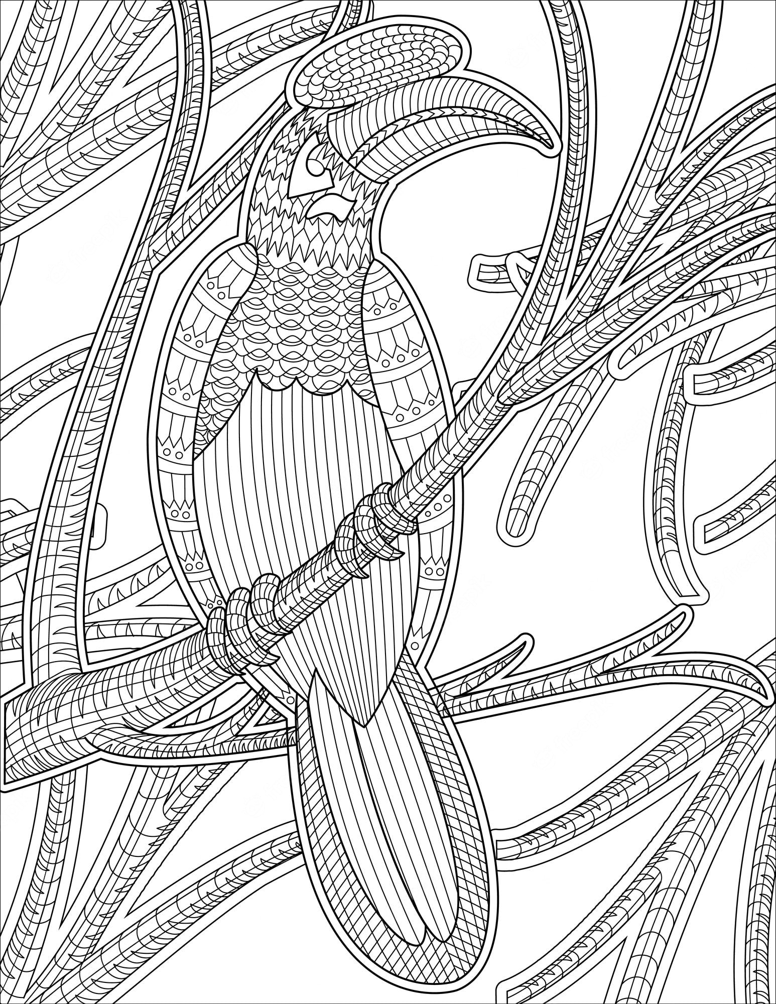 Premium Vector | Macaw resting on a tree branch with small leaves colorless  line drawing. small toucan staying on twig coloring book page.