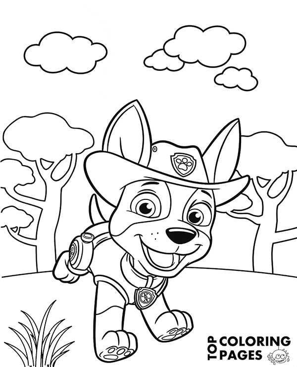 Free printable coloring page of Tracker from Paw Patrol