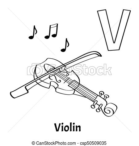 Vector alphabet letter V, coloring page. Violin