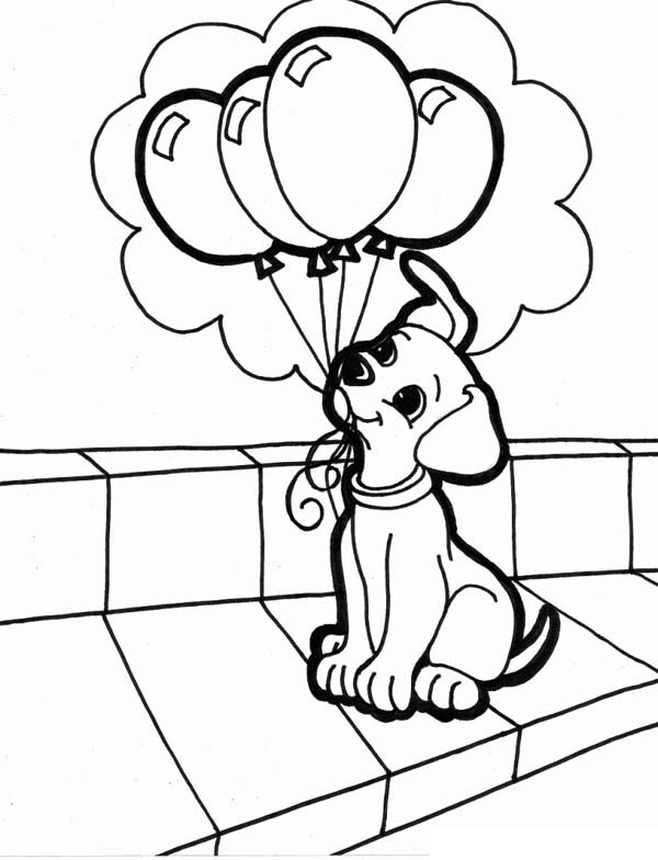 A Dog Holding A Bunch Of Ballon On Its Mouth Coloring Page - Download &  Print Online Coloring Pages for Free | Color Nimbus