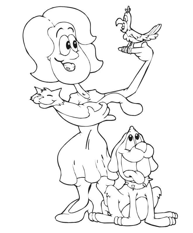 Dog Coloring Page | Woman With dogs, Cat & Bird