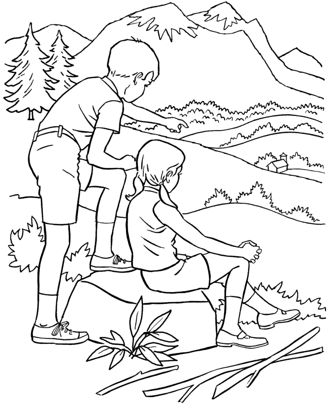 Summer Coloring - Kids Hiking in State Park Coloring Page Sheets 