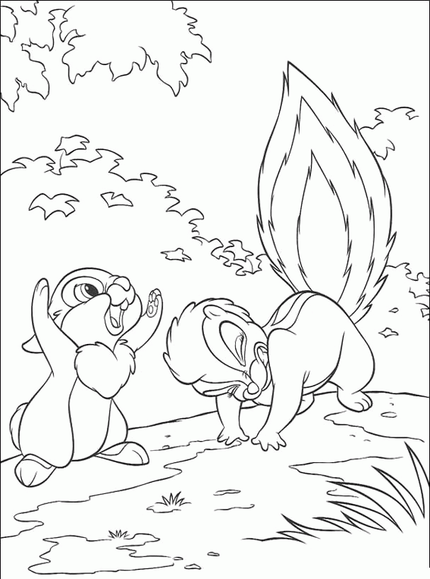 Thumper Kissing Flower Coloring Pages - Bambi Cartoon Coloring 