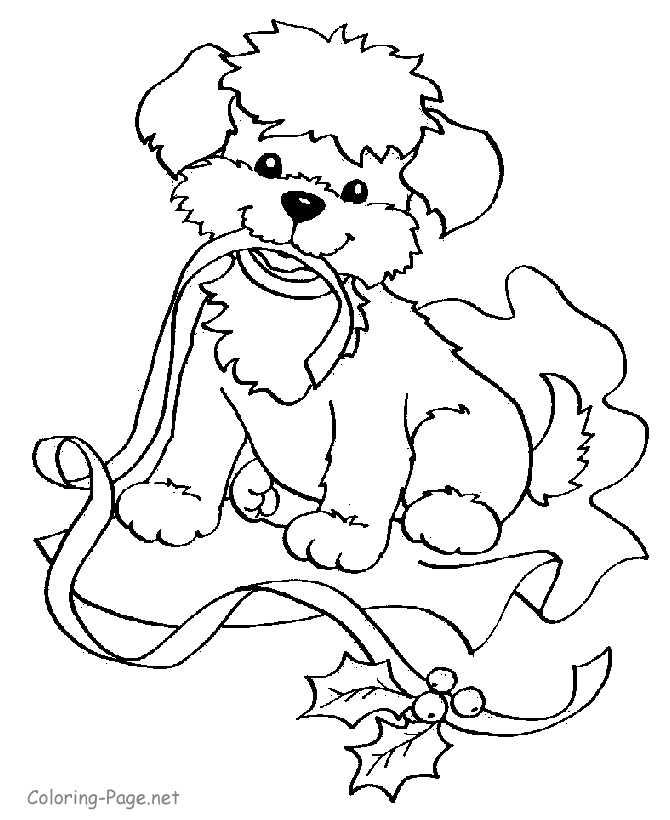 christmas coloring book page puppy and ribbon