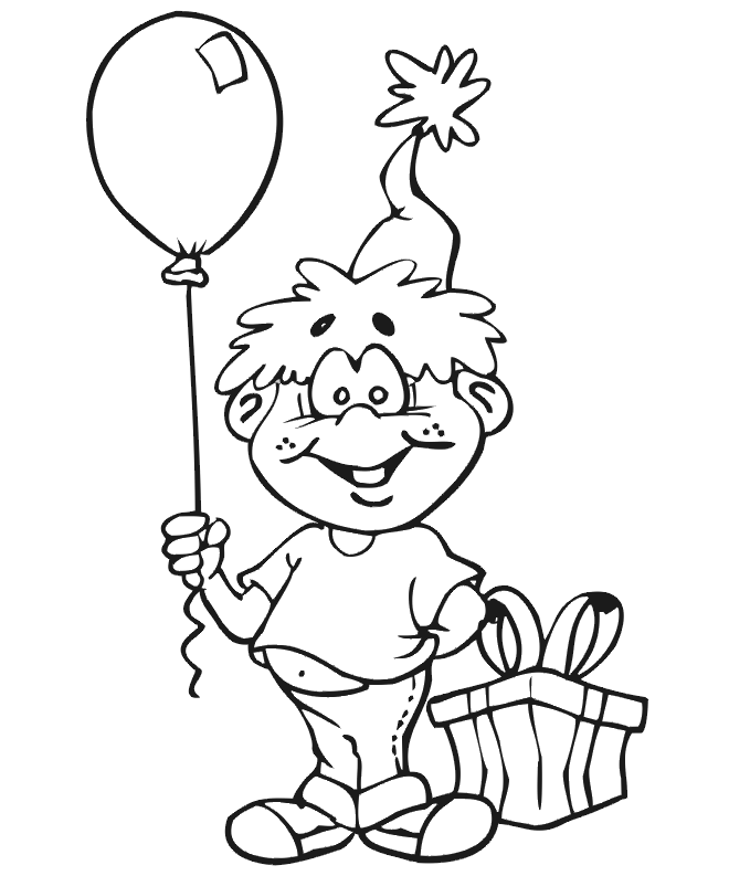 Birthday Coloring Page | A Boy With A Gift & Balloon