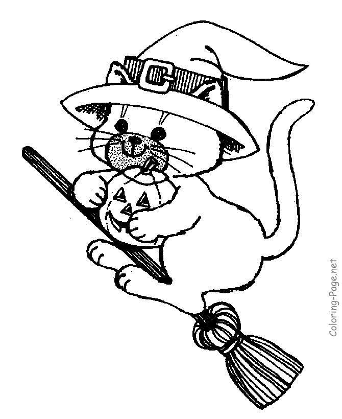 Halloween Coloring Page - Cat on Broom