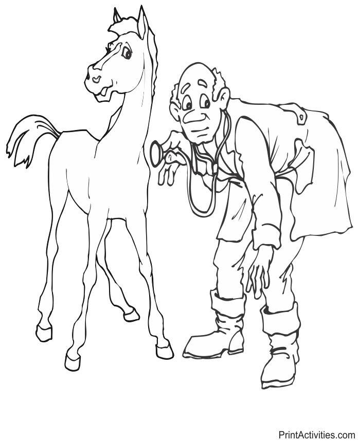 Vet Coloring Page | Examining a horse