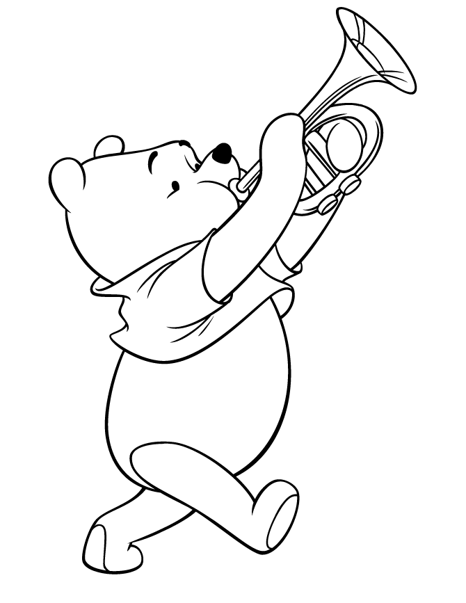 Winnie The Pooh Playing Trumpet Instrument Coloring Page | Free 