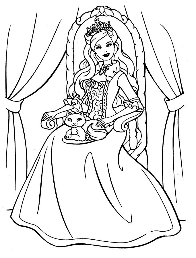 Princess Barbie and a Cat Printable Coloring Page | eColoringPage 