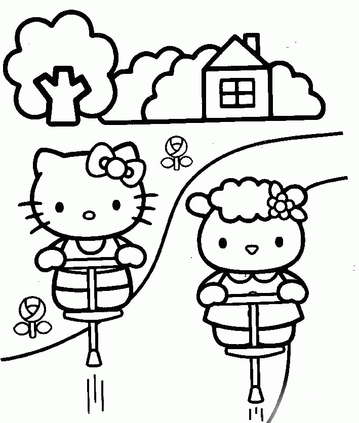 Two Small Hello Kitty Playing In The Garden Coloring Page |Hello 