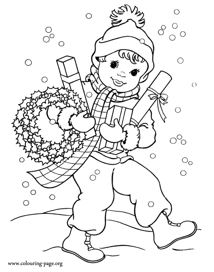 Christmas - Boy with some gifts and a Christmas garland coloring page