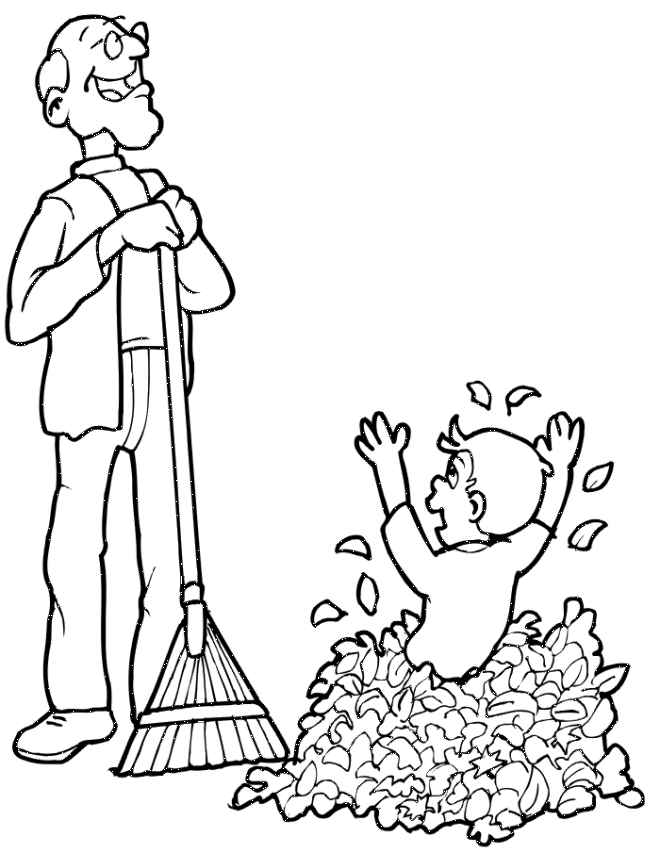 Autumn Leaves Coloring Page | Grandpa & Grandson with Leaves