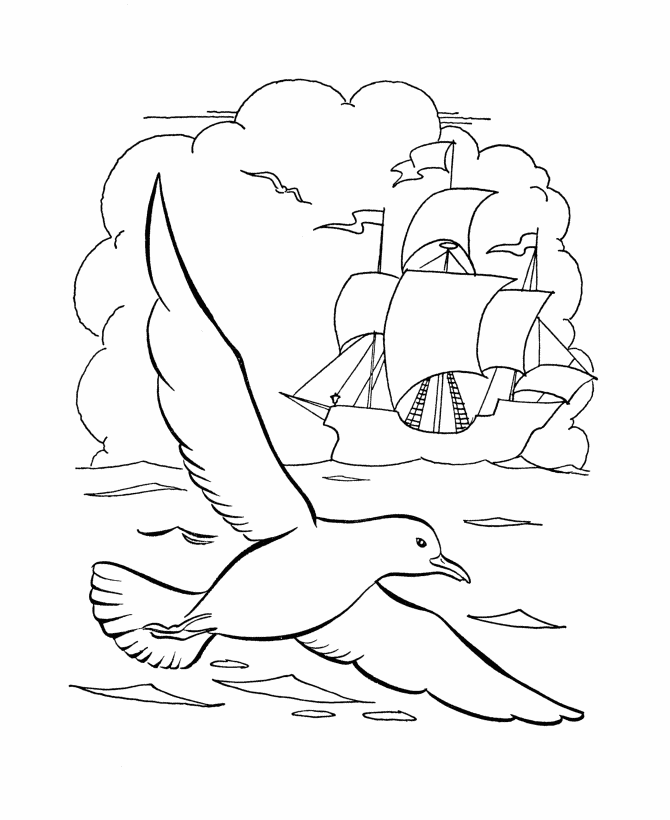Columbus Day Coloring Pages | Columbus nears land and sees birds 