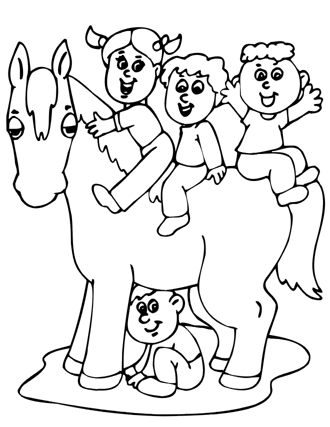 kids riding horse coloring page