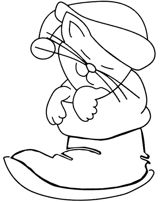 Christmas Hat Cat In A Boot Animal Coloring Page |christmas 
