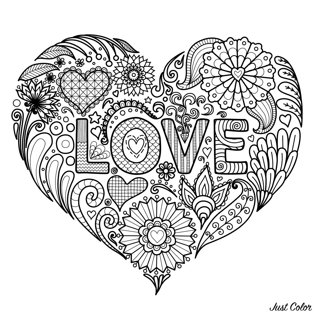 Love text in heart shape - Valentine's Day Adult Coloring Pages