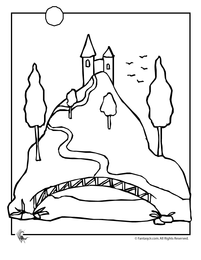 Castle on a Hill with Bridge Coloring Page | Woo! Jr. Kids Activities :  Children's Publishing