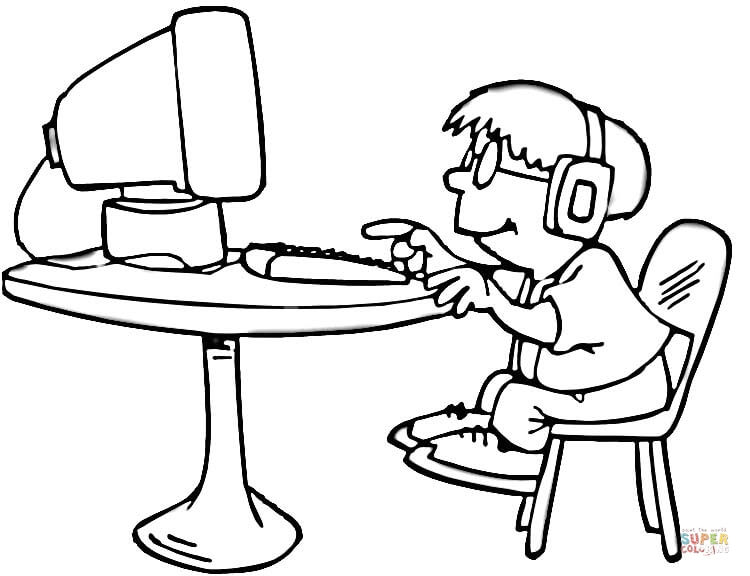 A little boy is playing on the computer coloring page | Free ...