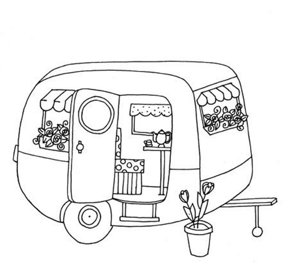 cute trailer/caravan colouring page | Redwork embroidery