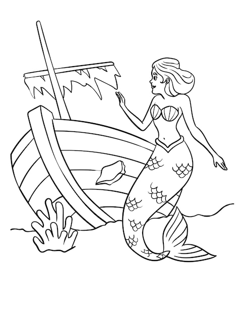 Premium Vector | Mermaid and shipwreck isolated coloring page
