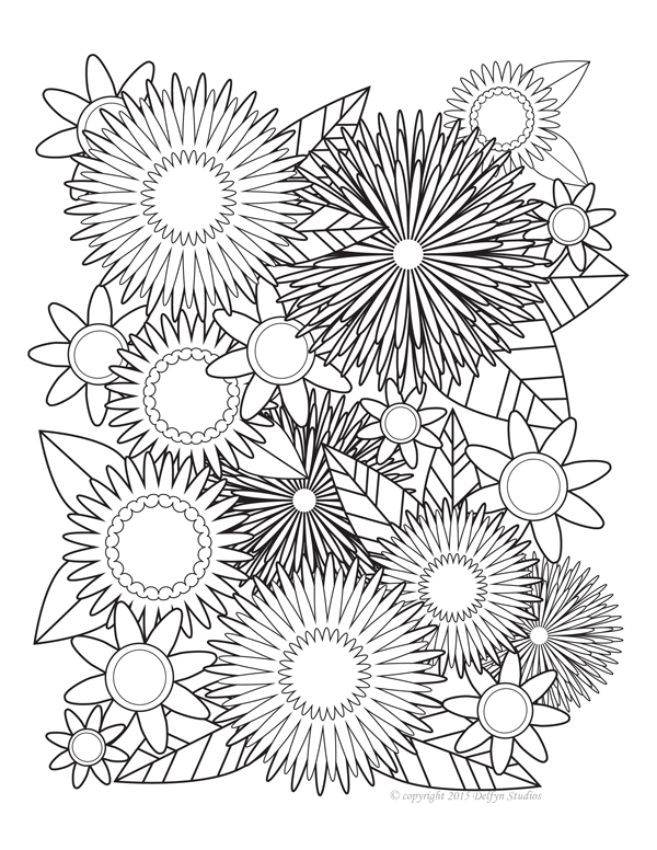 Symmetrical Blooms Adult Coloring Page | Delfyn Studios