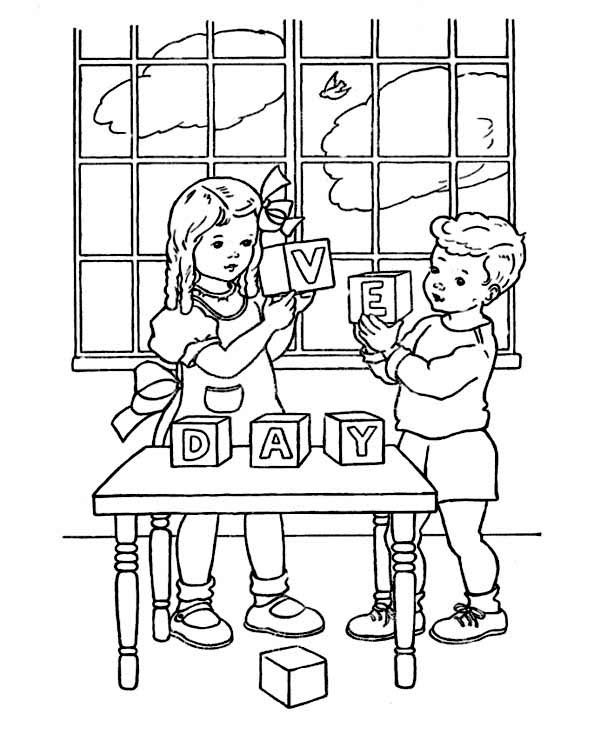 Two Kids Celebrating Veterans Day Wood Block Coloring Page ...