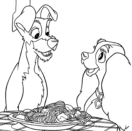 Lady and The Tramp Eating Spaghetti Coloring Page | Cartoon ...