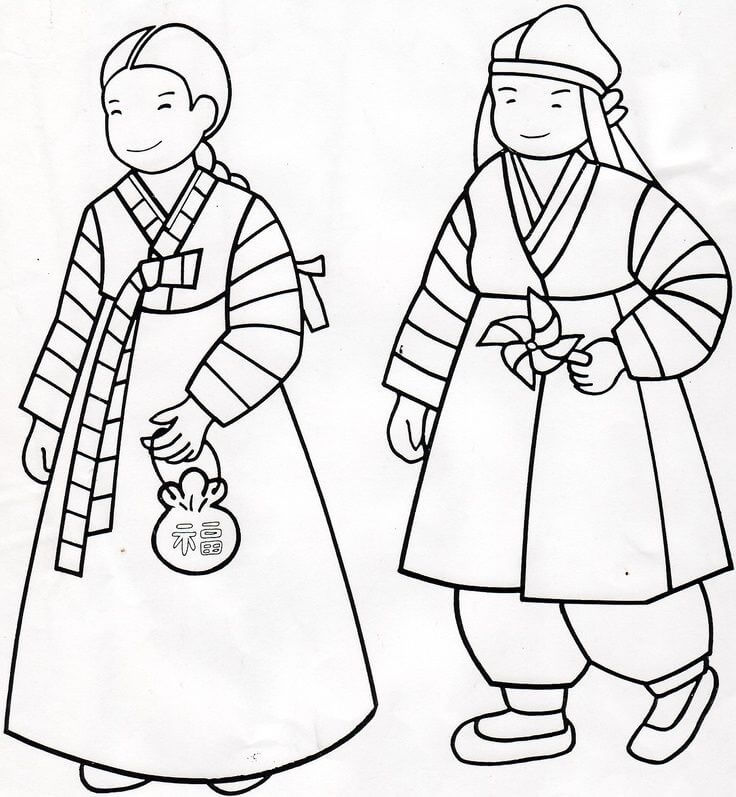 South Korean Traditional Hanbok Coloring Page - Free Printable Coloring  Pages for Kids