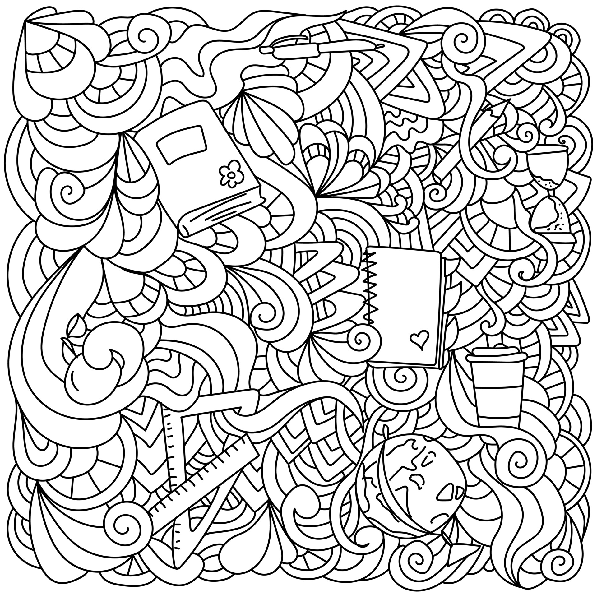School supplies and many abstract patterns, fantasy tangled coloring page  on learning theme 3783055 Vector Art at Vecteezy