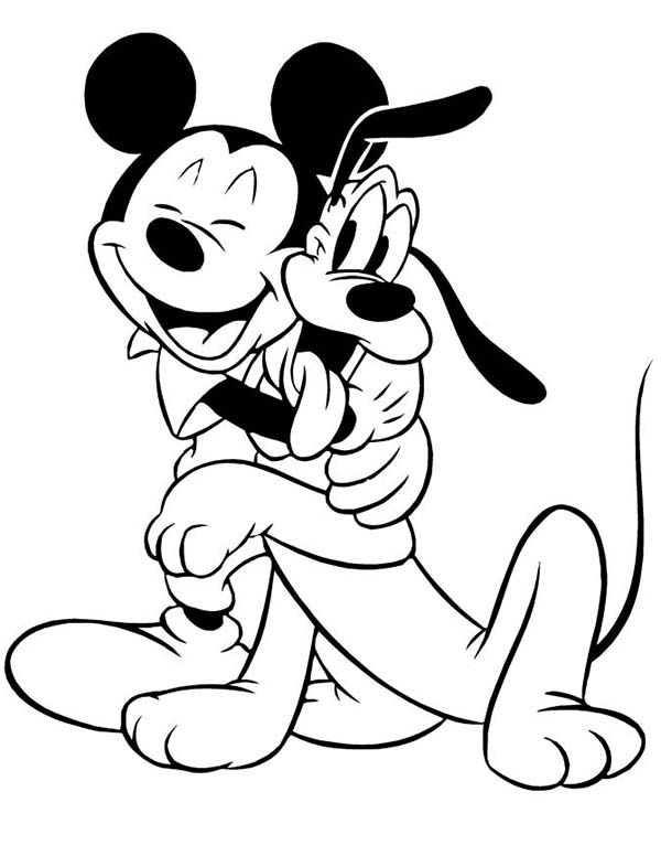 Pluto, : Mickey Mouse Hugging Pluto Coloring Page. Mickey Mouse