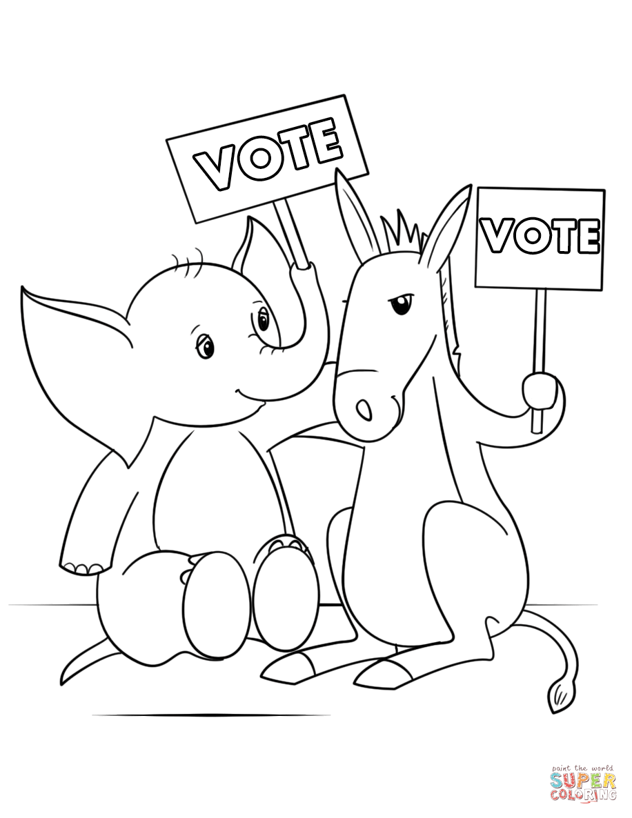 Cute Elephant and Donkey at Election Day coloring page | Free Printable Coloring  Pages
